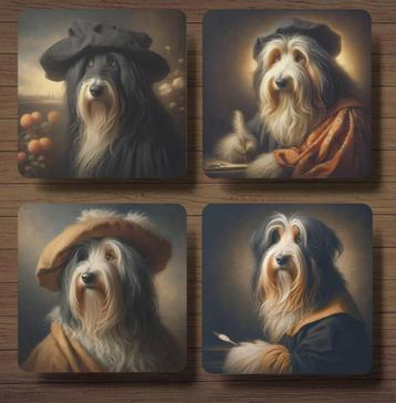 Bearded Collie Rembrandt stijl onderzetters met houder 