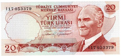 24-534 Turkije 20 lire 1970,, Postzegels en Munten, Bankbiljetten | Azië, Los biljet, Midden-Oosten, Verzenden