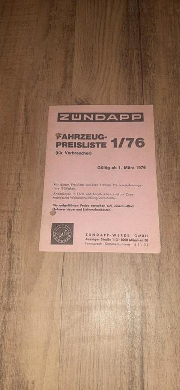 Zündapp voertuigen Prijslijst 1/76  Duitsland (origineel)