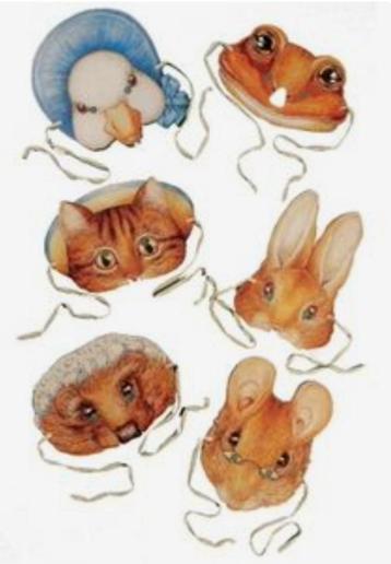 6 maskers Peter Rabbit etc Beatrix Potter, nieuw ongebruikt