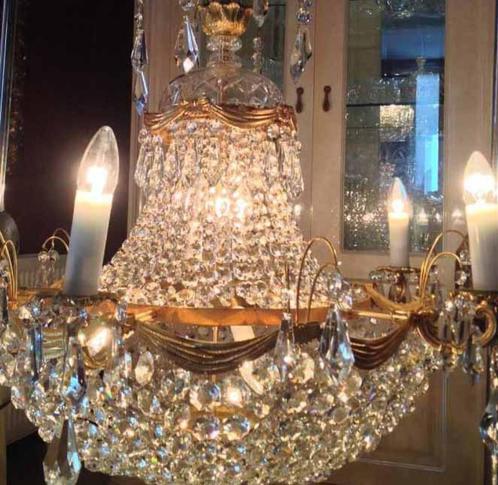 Groot kristallen kroonluchter zakkroonluchter goud, Huis en Inrichting, Lampen | Kroonluchters, Ophalen of Verzenden