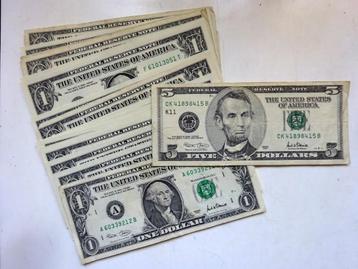USA dollar biljetten 19 x 1 dollar, 1 x 5 dollar.