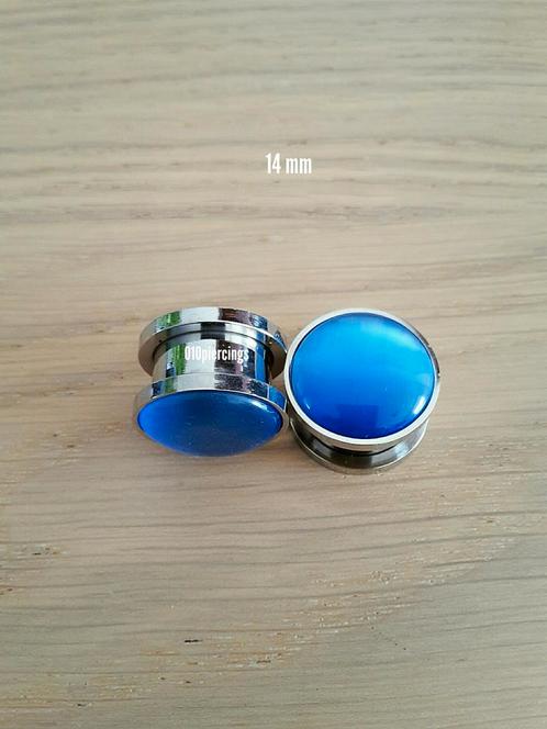 Nieuwe pluggen, tunnels. Staal. Blauwe steen. 14 mm., Sieraden, Tassen en Uiterlijk, Piercings, Nieuw, Oor- of Traguspiercing