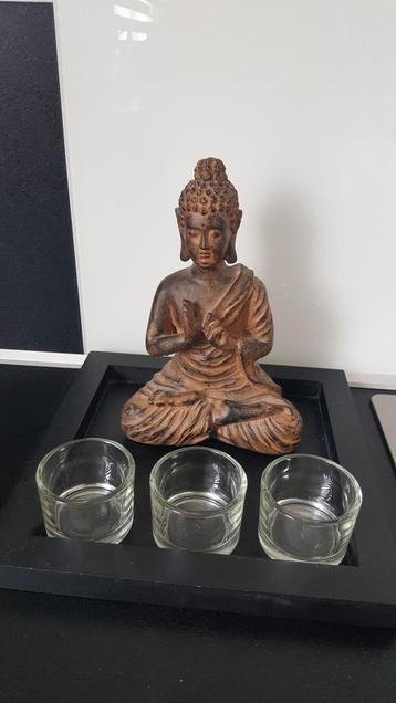 Boeddha plateau met 3 glazen theelichtjes