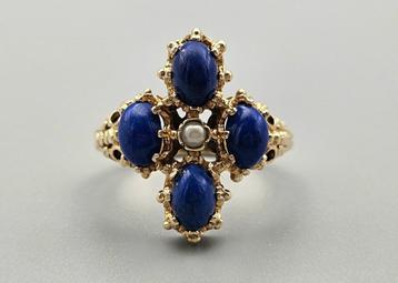 Gouden Vintage ring edelsteen lapis lazuli en parel.2024/228