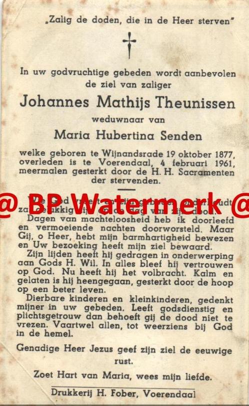 Theunissen Johannes 1877 Wijnandsrade 1961 Voerendaal x Send, Verzamelen, Bidprentjes en Rouwkaarten, Bidprentje, Ophalen of Verzenden