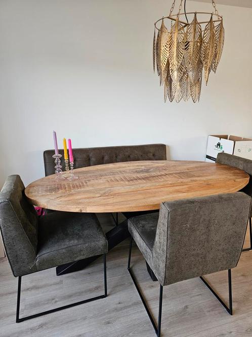 Complete set, mango houten tafel , 3 stoelen + bankje, Huis en Inrichting, Tafels | Eettafels, Zo goed als nieuw, 50 tot 100 cm