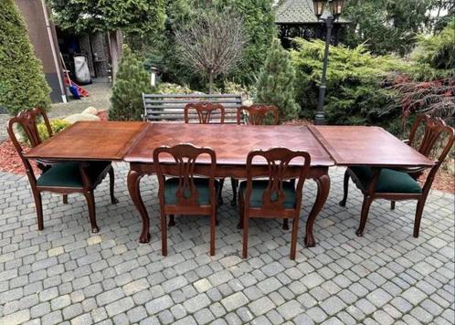 Ludwik tafel met 6 bruine en groene stoelen na renovatie, Antiek en Kunst, Antiek | Meubels | Tafels, Ophalen of Verzenden