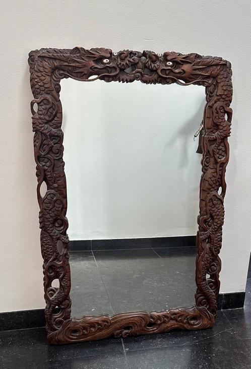 Oosterse Spiegel met handgestoken lijst Groot 90x58 Vintage, Antiek en Kunst, Antiek | Spiegels, Minder dan 100 cm, Rechthoekig