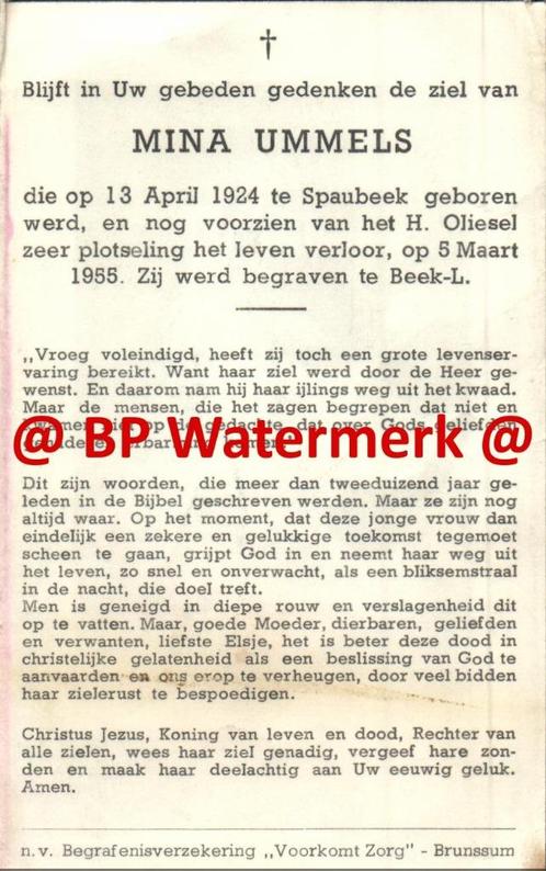 Ummels Mina 1924 Spaubeek 1955 Beek - 21526, Verzamelen, Bidprentjes en Rouwkaarten, Bidprentje, Ophalen of Verzenden