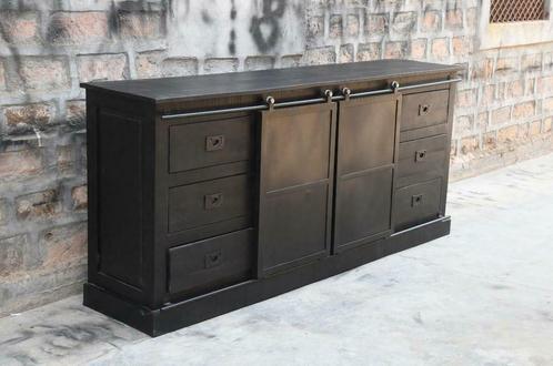 Dressoir mango hout zwart met schuifdeuren 200cm nieuw, Huis en Inrichting, Kasten | Dressoirs, Nieuw, 200 cm of meer, 25 tot 50 cm