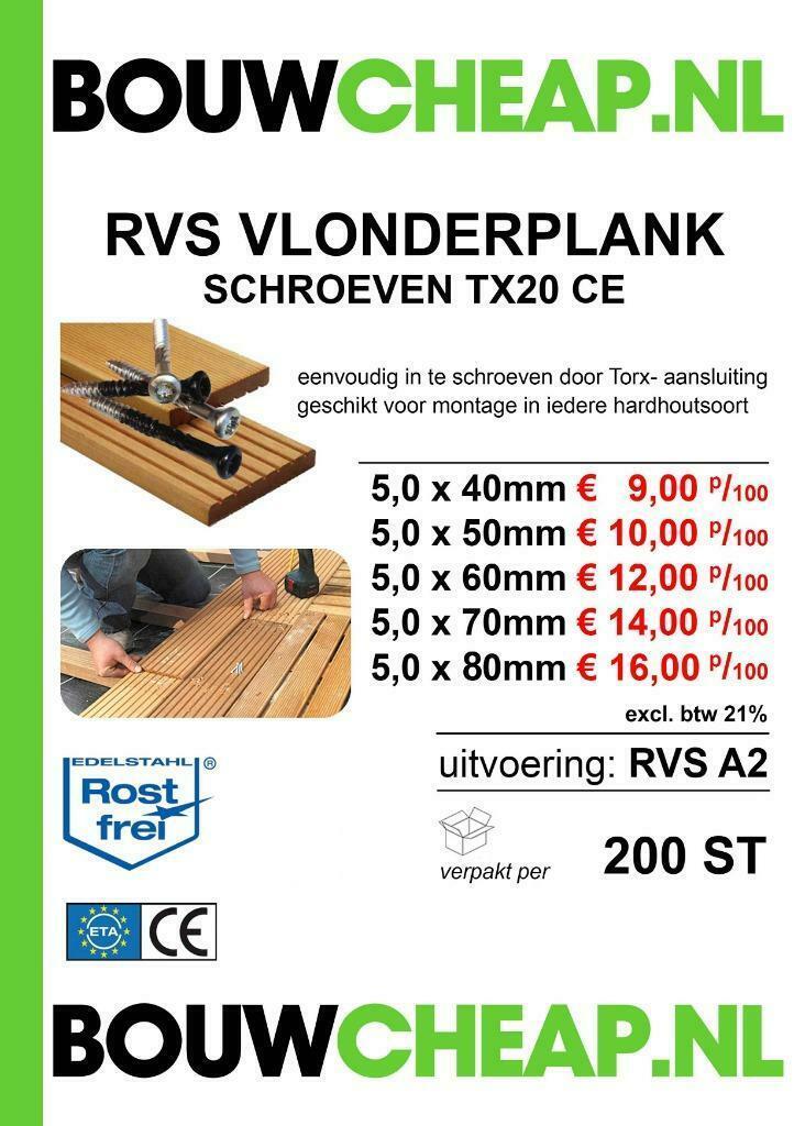 VLONDERSCHROEVEN BOUWCHEAP MEGA VOORRAAD, Doe-het-zelf en Verbouw, IJzerwaren en Bevestigingsmiddelen, Nieuw, Schroeven, Rvs, Ophalen