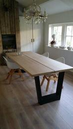 Eiken design tafel met staal, Ophalen, Eikenhout, 50 tot 100 cm, Vijf personen of meer