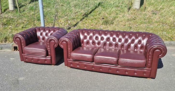Chesterfield bank + fauteuil + GRATIS BEZORGING, Huis en Inrichting, Banken | Bankstellen, Gebruikt, Rechte bank, Leer, Ophalen of Verzenden