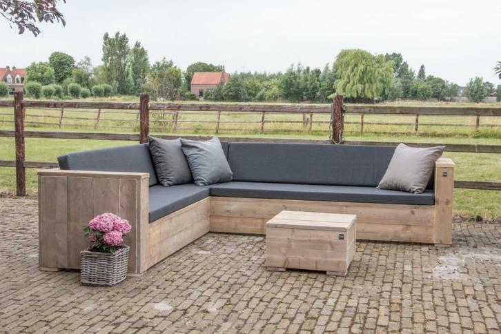 Hoekbank 200x250 cm met Sunbrella kussens, Tuin en Terras, Tuinsets en Loungesets, Nieuw, Steigerhout, Bank, Verzenden