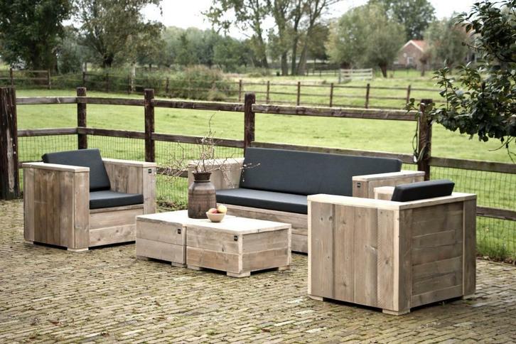 Stoer LOUNGESET inclusief Sunbrella kussens, Tuin en Terras, Tuinsets en Loungesets, Nieuw, Loungeset, Steigerhout, Bank, Hocker