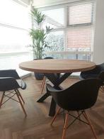 Ronde eiken eettafel | industriële poot van staal, Rond, Nieuw, Ophalen of Verzenden, Vijf personen of meer