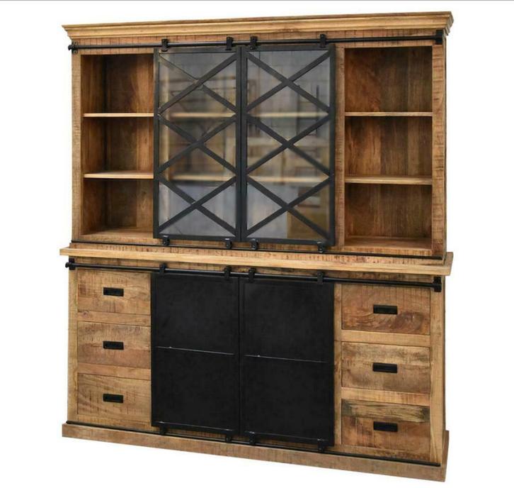 Buffetkast mangohout 190/200/220/240/260, Huis en Inrichting, Kasten | Buffetkasten, Nieuw, Overige houtsoorten, Glas, Metaal