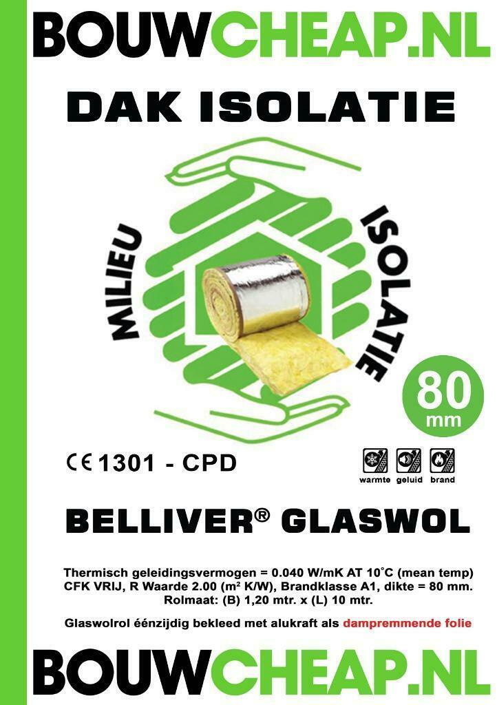 GLASWOL VOOR ZOLDER ISOLATIE 8CM DIK EN OF 15CM+ALUKRAFTFOLI, Doe-het-zelf en Verbouw, Isolatie en Afdichting, Nieuw, Vloerisolatie