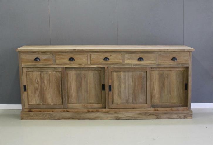 Dressoir teakhout 240cm breed, 4 deuren, 5 laden; Indoteak, Huis en Inrichting, Kasten | Dressoirs, Nieuw, 200 cm of meer, 25 tot 50 cm