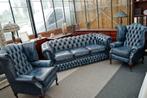 3 +1+1 Chesterfield Antique Blue leer, 150 tot 200 cm, Nieuw, Ophalen of Verzenden, Rechte bank