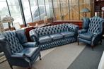 3 +1+1 Chesterfield Antique Blue leer, Nieuw, 150 tot 200 cm, Bank, Rechte bank