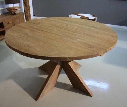 Robuuste ronde teak tafel met kruispoot ; Indoteak!, Huis en Inrichting, Tafels | Eettafels, Nieuw, 100 tot 150 cm, 100 tot 150 cm