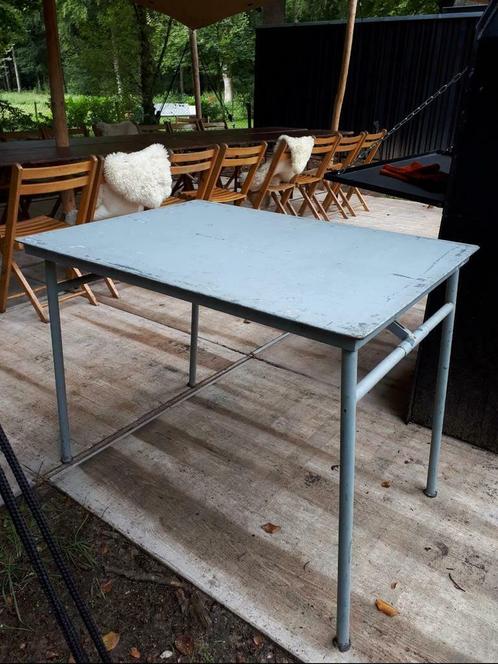 Partij vintage industriële stalen klaptafels horeca terras, Huis en Inrichting, Tafels | Eettafels, Gebruikt, Rechthoekig, Metaal