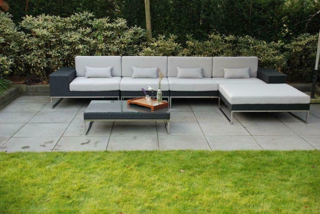 Loungeset Lineo zwart wicker 3.80m, Tuin en Terras, Tuinsets en Loungesets, Nieuw, Loungeset, Wicker, Bank, Bijzettafel, Hocker