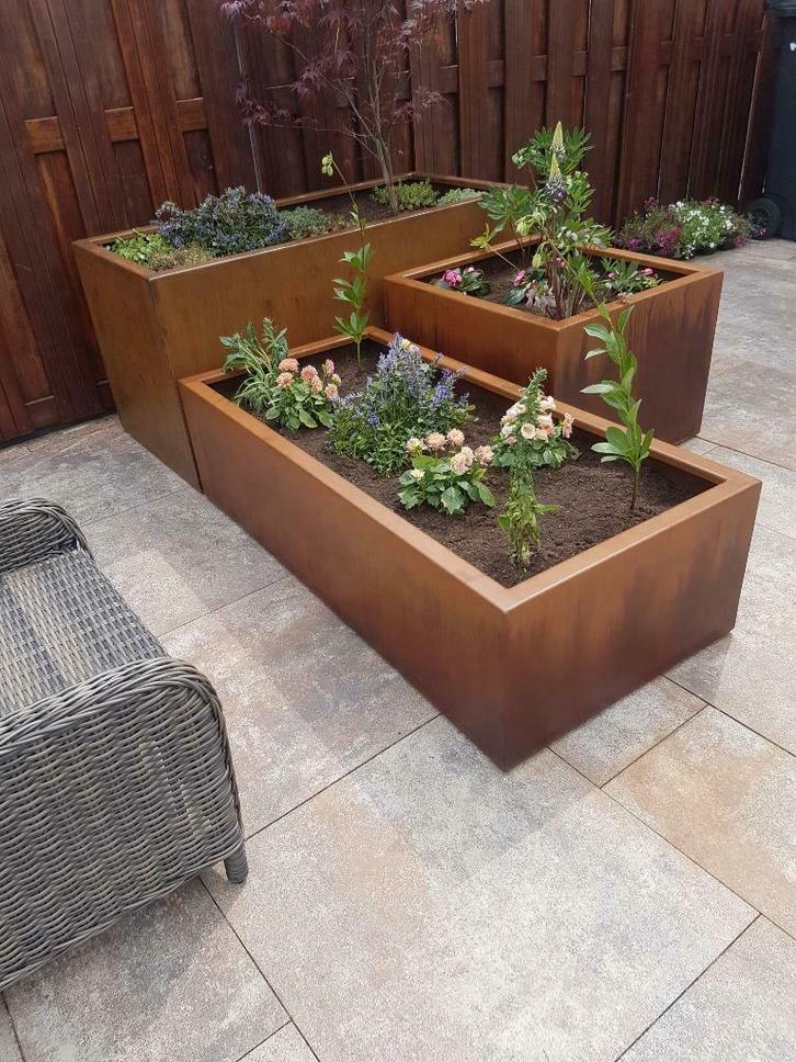 bloembak van Cortenstaal, RVS of in kleur Ook met logo, Tuin en Terras, Bloembakken en Plantenbakken, Nieuw, Metaal, Tuin, Vierkant