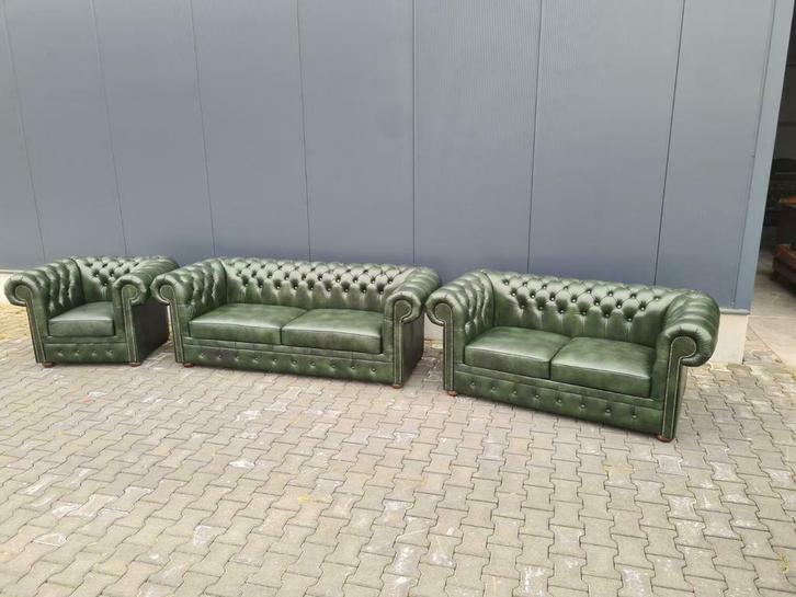Nieuw CHESTERFIELD XL bankstel groen + GRATIS BEZORGING, Huis en Inrichting, Banken | Bankstellen, Nieuw, Rechte bank, Leer, Ophalen of Verzenden