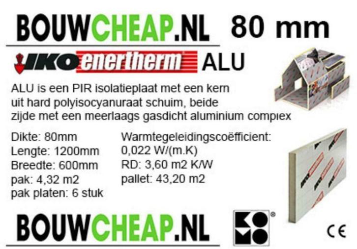 PIR PLAAT ISOLATIE MET SUBSIDIE 80MM EUR.16.25 PER M2, Doe-het-zelf en Verbouw, Isolatie en Afdichting, Nieuw, Muurisolatie, Dakisolatie