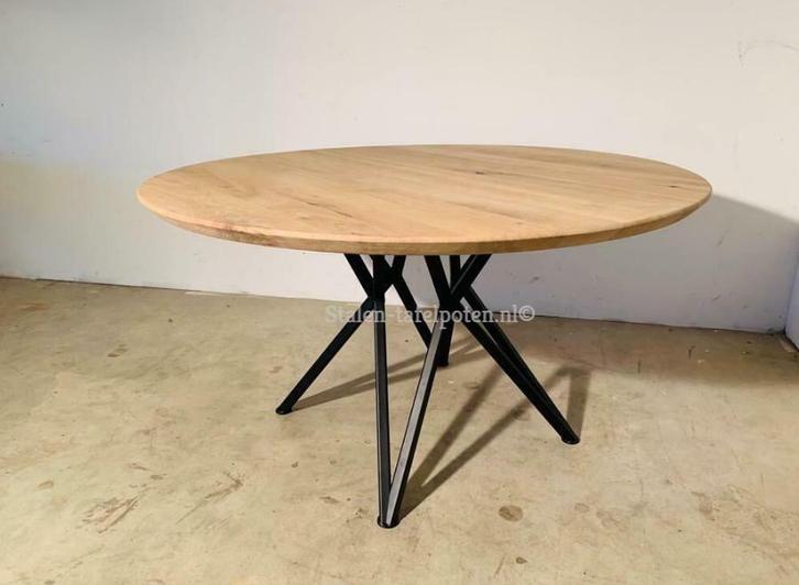 Unieke eikenhouten eettafels te koop, ronde tafel, staal, Huis en Inrichting, Tafels | Eettafels, Nieuw, Rond, Eikenhout, Metaal