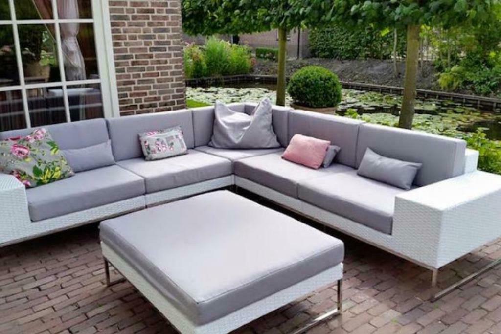 Lounge hoekbank Lineo wit wicker 2.80 x 2.80, Tuin en Terras, Tuinsets en Loungesets, Nieuw, Loungeset, Wicker, 5 zitplaatsen