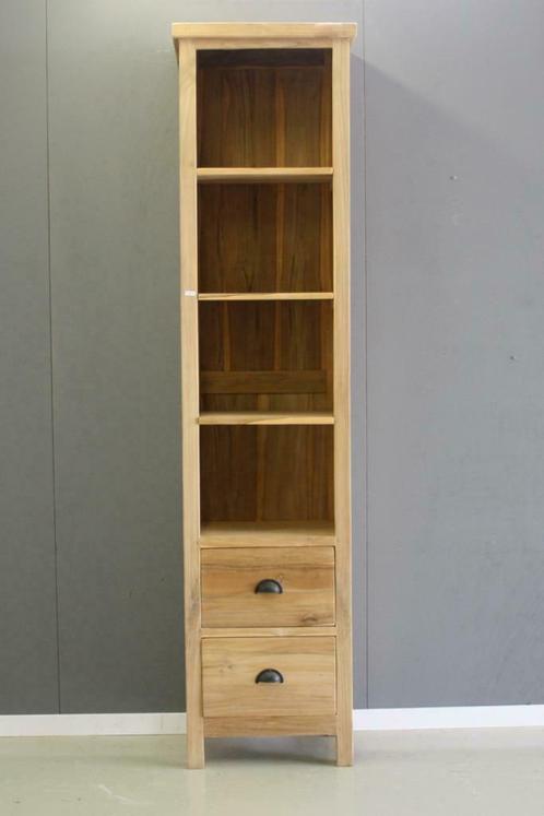 Teakhouten hoge smalle boekenkast met twee laden, Huis en Inrichting, Kasten | Boekenkasten, Nieuw, 50 tot 100 cm, 200 cm of meer