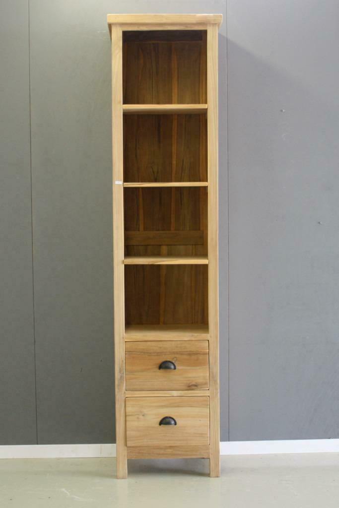 Teakhouten hoge smalle boekenkast met twee laden, Huis en Inrichting, Kasten | Boekenkasten, Nieuw, 50 tot 100 cm, 200 cm of meer