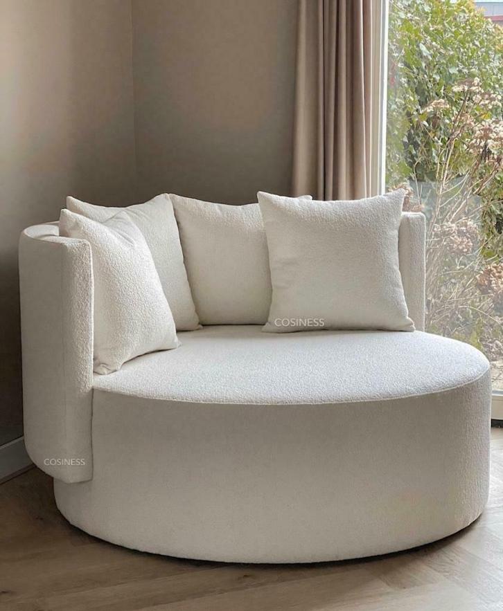 Witte ronde teddy/boucle fauteuil/stoel op maat/draaistoel, Huis en Inrichting, Fauteuils, Nieuw, Hout, Stof, Overige materialen