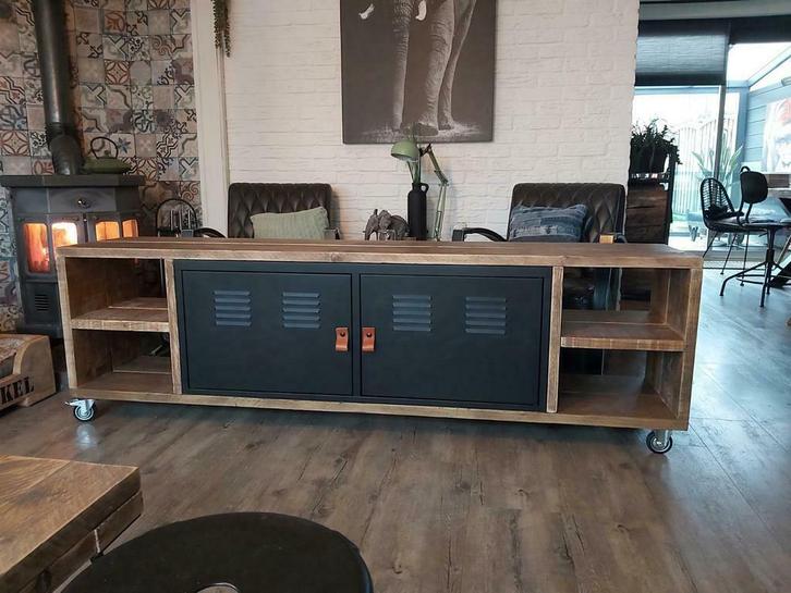 Industrieel tv meubel met lockers 2 meter, Huis en Inrichting, Kasten | Televisiemeubels, Nieuw, Minder dan 100 cm, 200 cm of meer