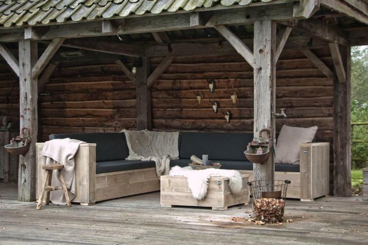 Hoekbank 250x300 cm met Sunbrella kussens, Tuin en Terras, Tuinsets en Loungesets, Nieuw, Loungeset, Steigerhout, 5 zitplaatsen