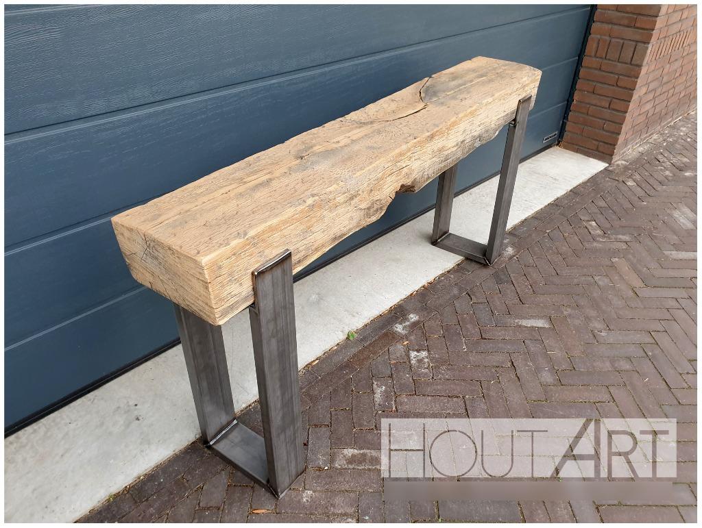 Sidetable / bijzettafel oud eiken bielzen upoot, Info@hout-art.nl, Ophalen of Verzenden, Industrieel, Hout-Art