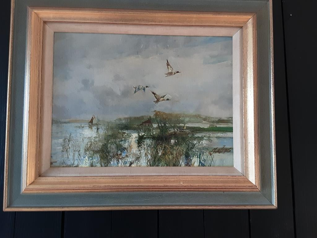 Landschapsschilderij met eenden in waterrijk gebied, Antiek en Kunst, Ophalen of Verzenden