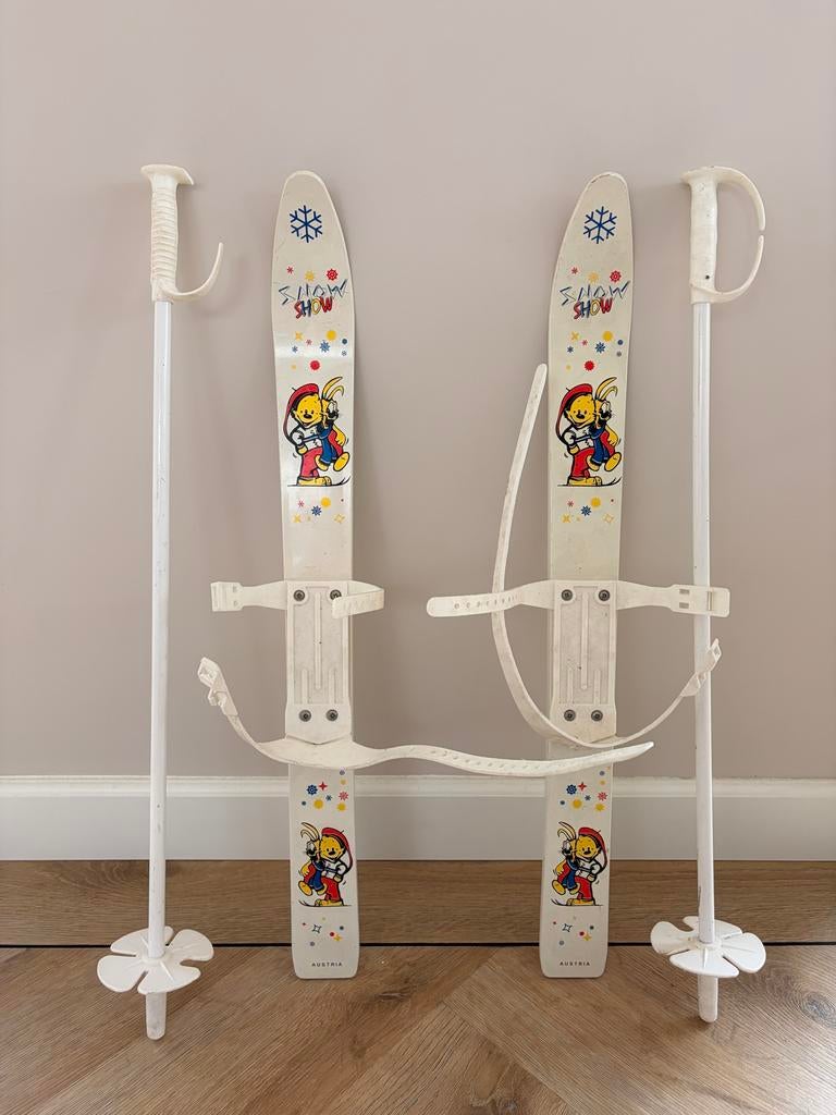 Vintage plastic kinderskietjes met stokken, Gebruikt, Stokken, Skiën, Minder dan 100 cm