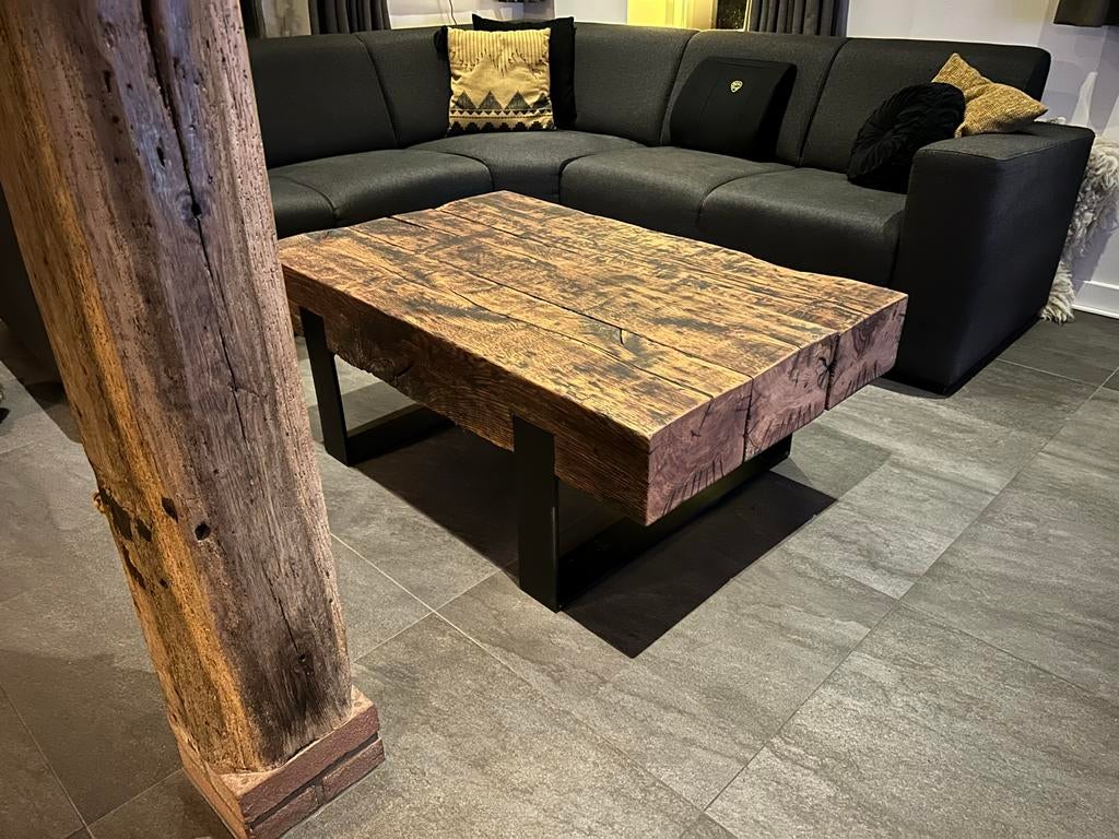 Robuuste Oud Eiken Bielzen Salontafel - Uniek & Duurzaam!, Ophalen, Gebruikt, 100 tot 150 cm, Eikenhout
