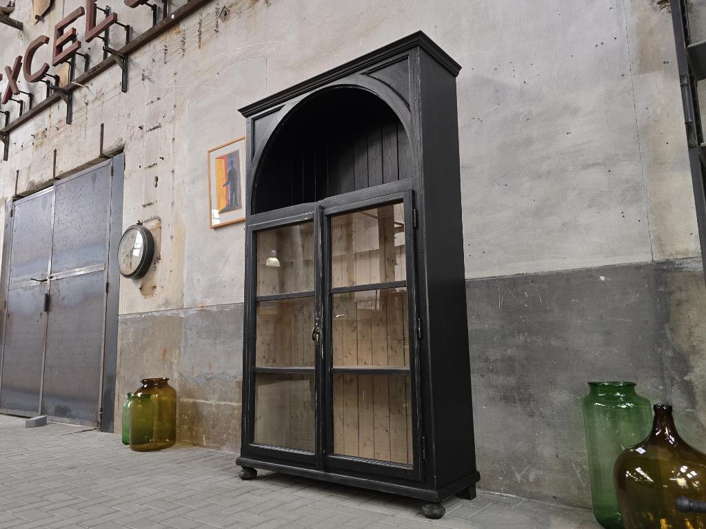 XL Vintage Houten Vitrinekast Zwart | Grote Vitrine Kast IV, 200 cm of meer, Ophalen of Verzenden, Grenenhout, 25 tot 50 cm