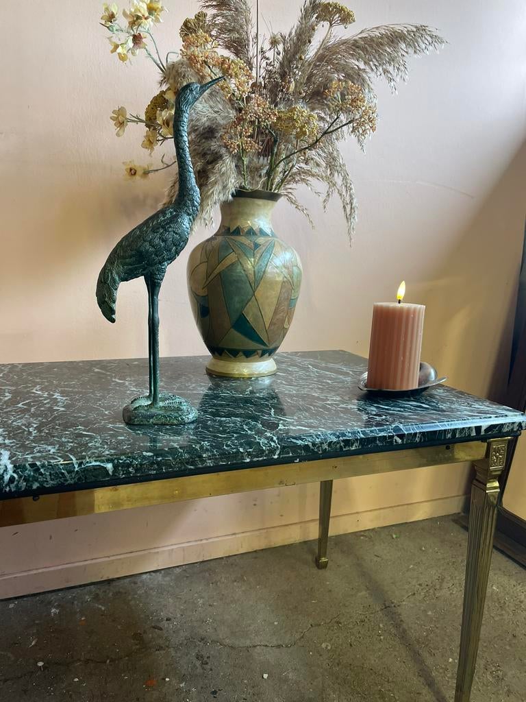 Vintage groen marmeren salontafel met messing onderstel, Ophalen, Minder dan 50 cm, Gebruikt, 100 tot 150 cm