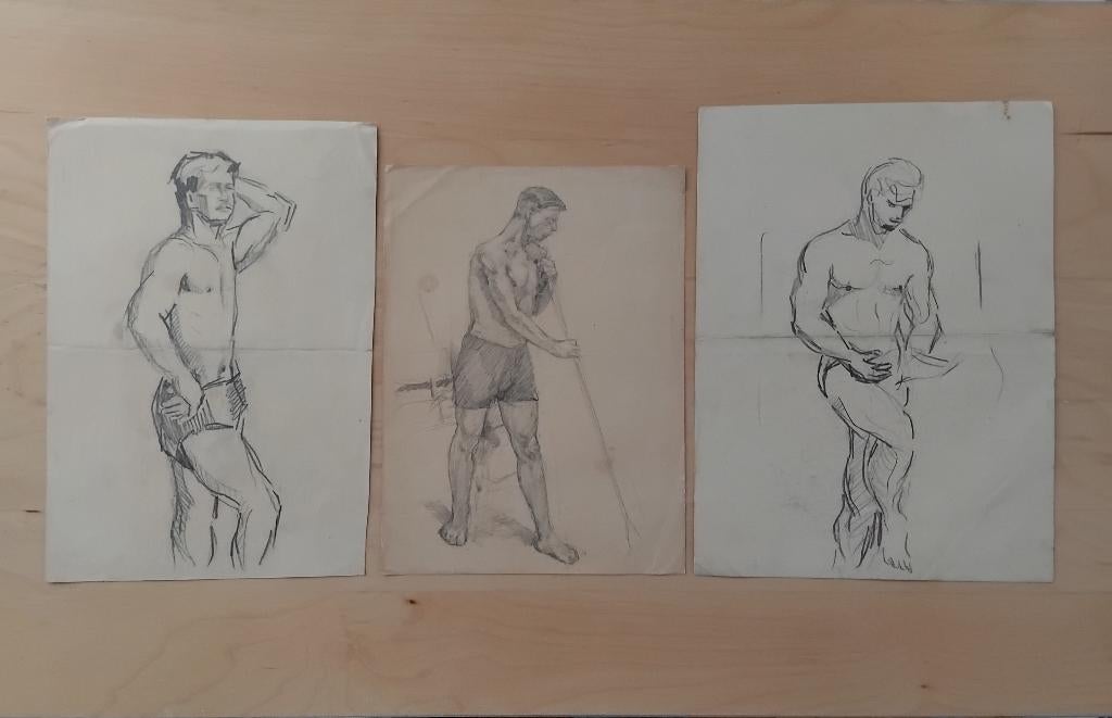 Drie originele tekeningen. midden 20e eeuw, Antiek en Kunst, Kunst | Schilderijen | Klassiek, Ophalen of Verzenden