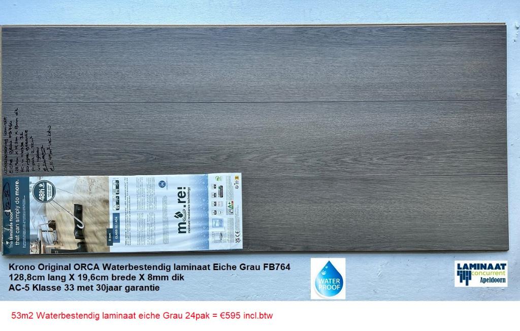 53m2 Waterbestendig Laminaat Eiche Grau 24pak = €595, Nieuw, Ophalen of Verzenden, Waterbestendig laminaat grijs, Grijs