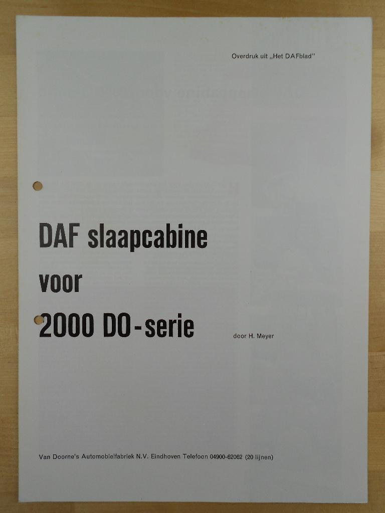 DAF 2000DO Slaapcabine Brochure 1961 2000 DO, Verzenden, Zo goed als nieuw, Overige merken, DAF