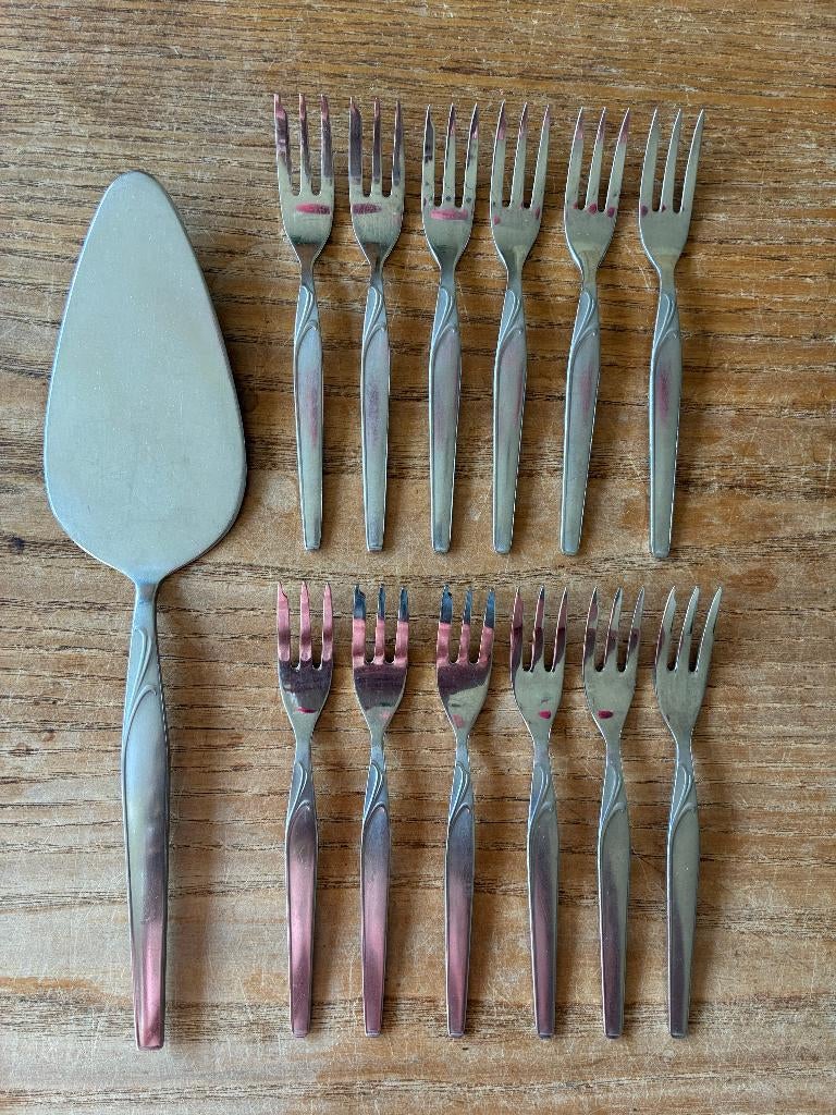 12 Vintage Sola GZ Paola gebaksvorkjes + taartschep, Antiek en Kunst, Antiek | Bestek, Ophalen of Verzenden