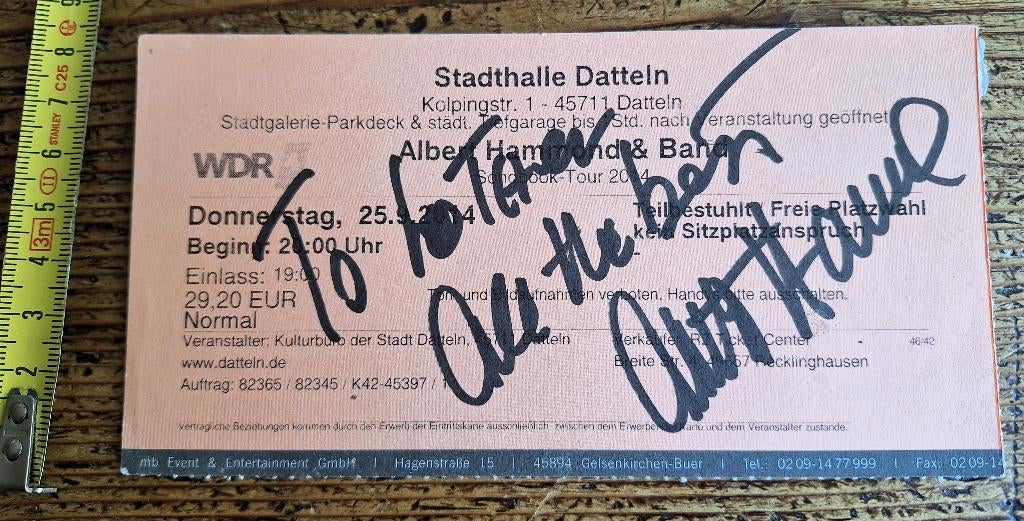 GESIGNEERD = ALBERT HAMMOND = ticket = 2014, Verzamelen, Ophalen of Verzenden, Zo goed als nieuw, Foto of Kaart, Gesigneerd